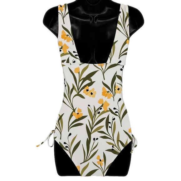Swimsuit Classic Scrunch Floral One Piece in White Yellow and Green Print Size S - Picture 5 of 8